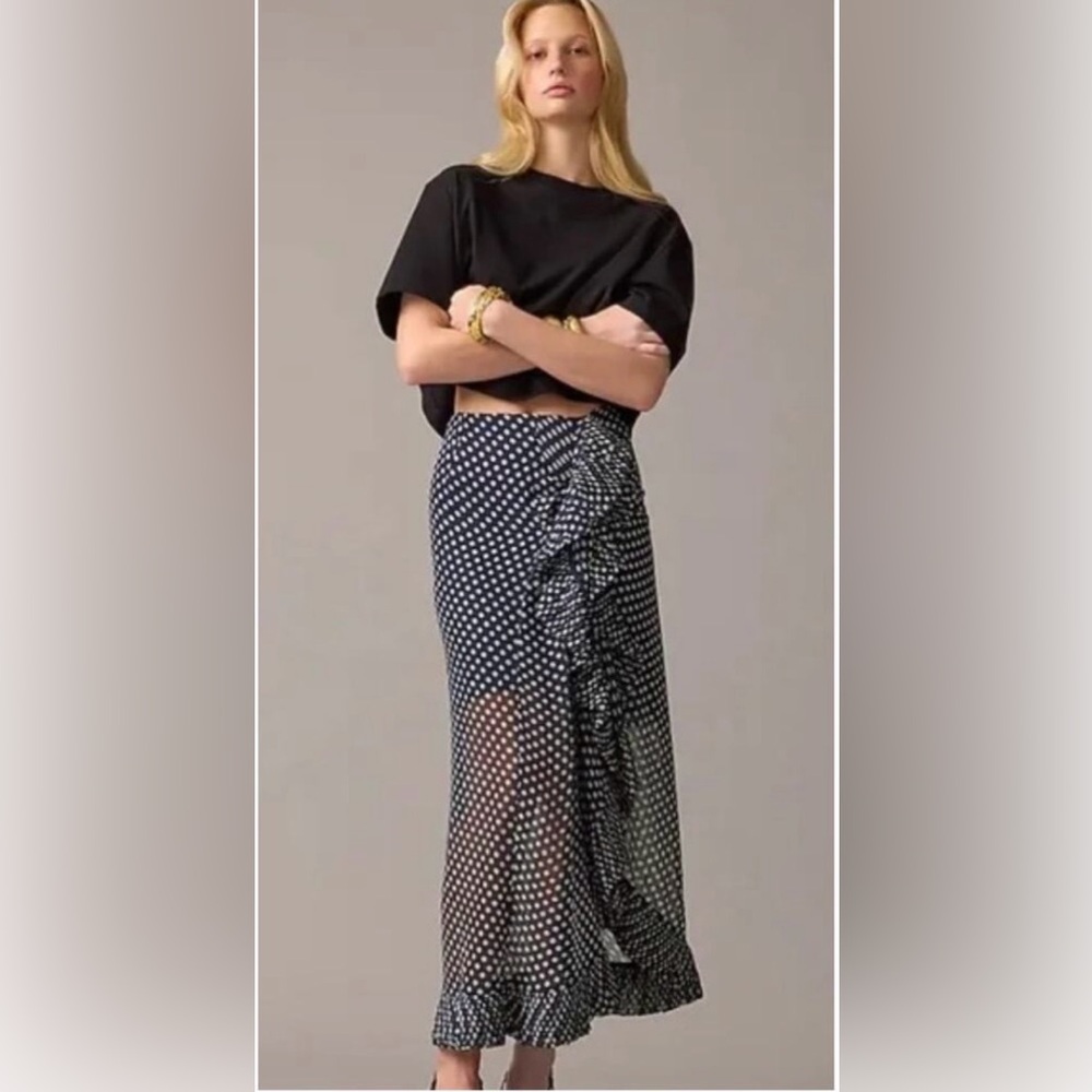 NWT J.CREW Navy & White Polka Dot Ruffled Midi Skirt Size 4